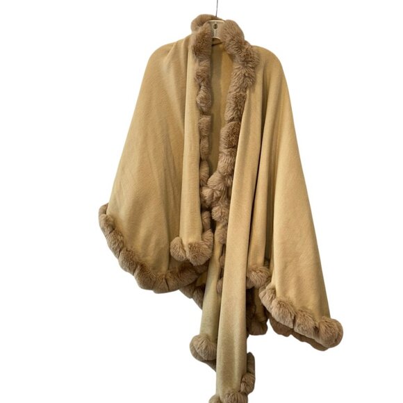 Camel khaki faux fur trim cape shawl STUNNING - Picture 5 of 5